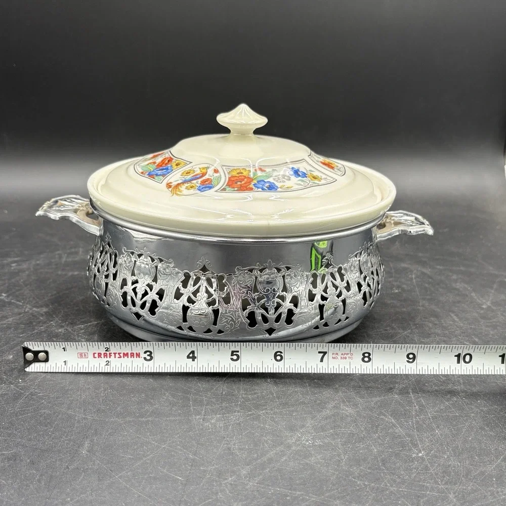 Vtg Hall China Forman Bros Round Casserole Dish Floral Birds Vented Lid Covered